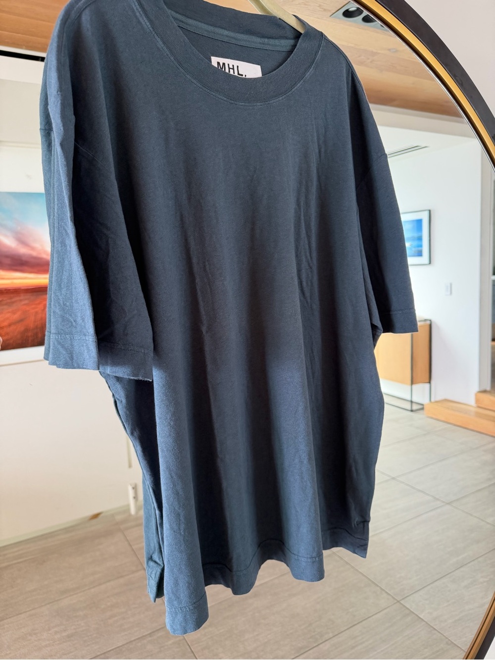MHL Margaret Howell Cotton Linen Split Hem Boxy T-Shirt Slate Blue Men's Large